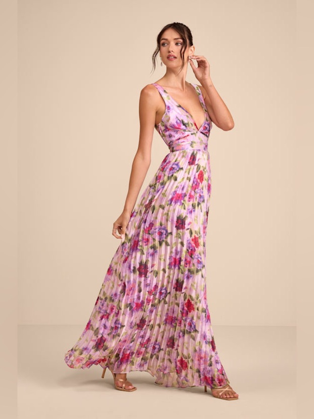 Morgana Pink Multi Floral Satin Pleated Maxi Dress New with Tags Medium